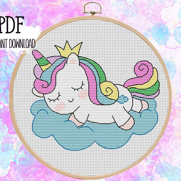 Unicorn on a cloud.  Cross stitch pattern. PDF #56