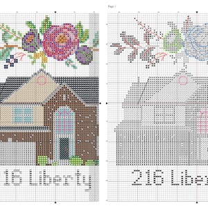 May include: Cross stitch pattern for a house with a floral wreath above the door. The house is brown with a beige trim and a garage door. The address "216 Liberty" is written below the house.