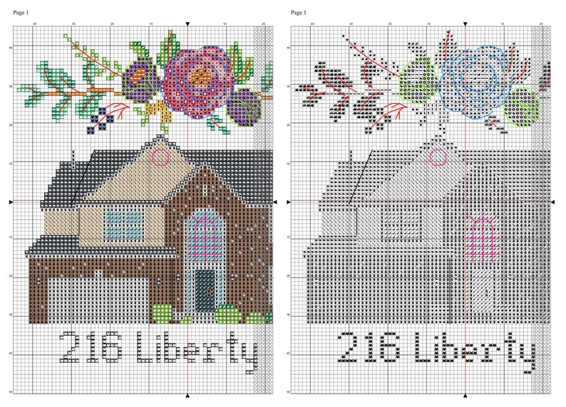 May include: Cross stitch pattern for a house with a floral wreath above the door. The house is brown with a beige trim and a garage door. The address "216 Liberty" is written below the house.