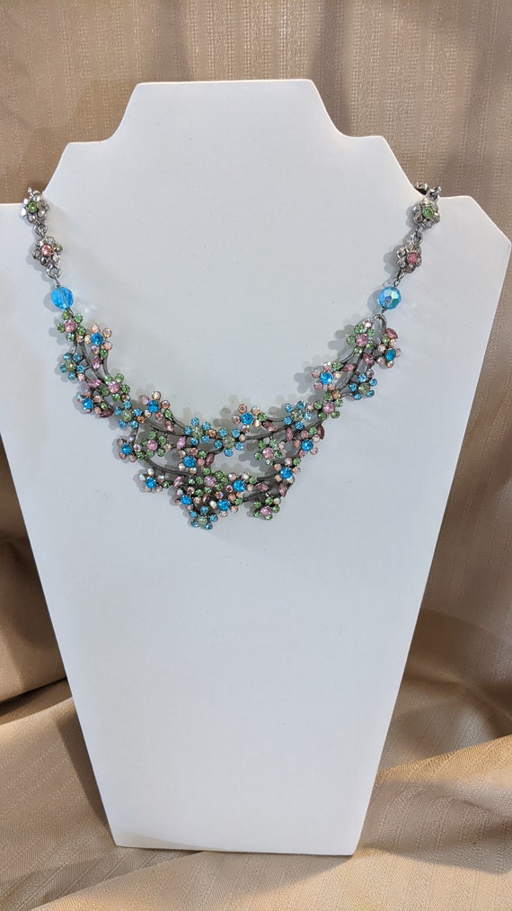 Pink , Blue and Green Floral Crystal Necklace