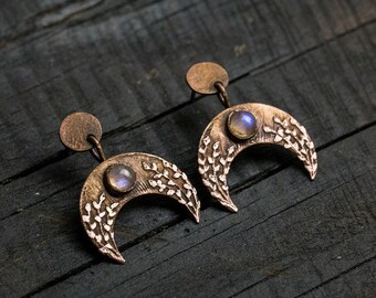 Handmade crescent moon earrings Bohemian earrings Moonstone earrings Artisan moon earrings Crescent earrings