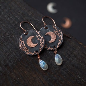 Crescent moon earrings Moonstone earrings Celestial jewelry Pagan earrings Nature jewelry Nature earrings