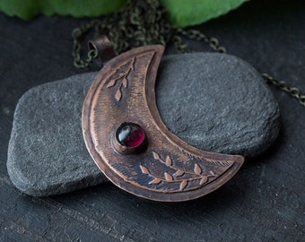 Moon necklace Garnet necklace Celestial jewelry Witch necklace Crescent moon jewelry January birthstone Artisan handmade necklace