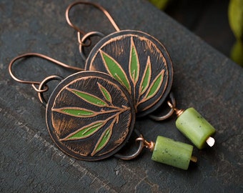 Forest earrings Green earrings Nature jewelry Plant earrings Artisan jewelry Leaf earrings Leaf jewelry Nephrite Unique handmade earrings