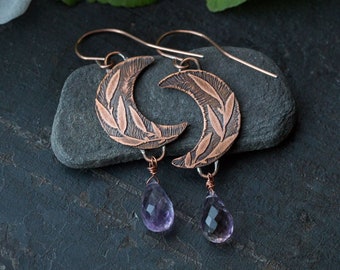 Moon earrings Amethyst jewelry Leaf earrings Celestial earrings Witch jewelry Boho amethyst earrings Unique gift for her