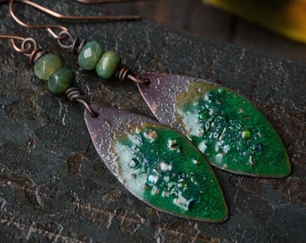 Enamel earrings Artisan jewelry Green earrings Enamel jewelry Green stone earrings Unique earrings Colorful copper earrings