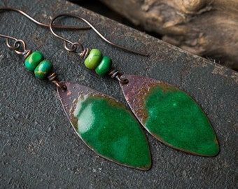 Green enamel earrings Green earrings Enamel jewelry Copper earrings Rustic jewelry Lightweight dangle earrings Handmade earrings