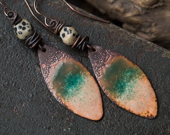 Enamel earrings Turquoise earrings Beige earrings Enamel jewelry Copper earrings Dalmatian jasper Bohemian earrings Handcrafted jewelry