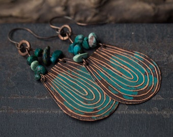 Copper earrings Boho earrings Rustic jewelry Unique earrings Turquoise jewelry Statement earrings