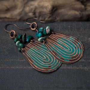 Copper earrings Boho earrings Rustic jewelry Unique earrings Turquoise jewelry Statement earrings