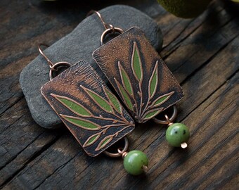 Nature earrings Green nephrite earrings Plant jewelry Leaf earrings Green stone jewelry Earthy earrings Rectagle ooak earrings