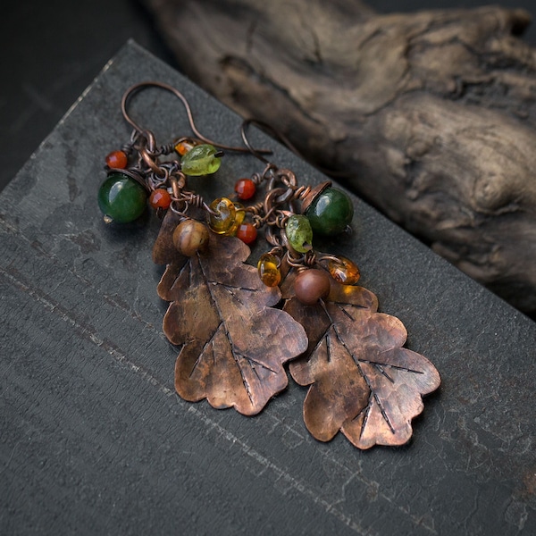 Copper oak leaf earrings Fall earrings Forest jewelry Oak tree Autumn earrings Nature jewelry Copper leaf earrings