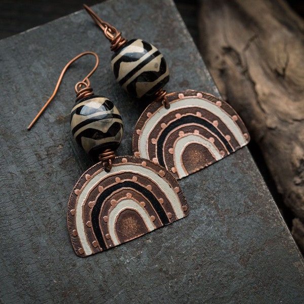 African tribal earrings Hand painted earrings Ethnic jewelry Tribal pattern jewelry Boho style earrings Gypsy jewelry Geometric earrings