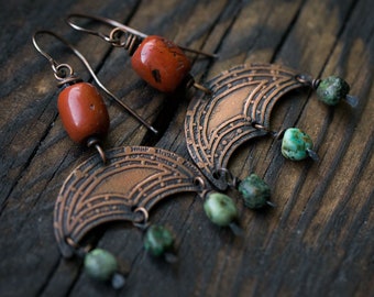 Moon earrings Copper jewelry Lunula earrings Pagan jewelry Celestial jewelry Unique witch earrings Turquoise earrings Stone earrings