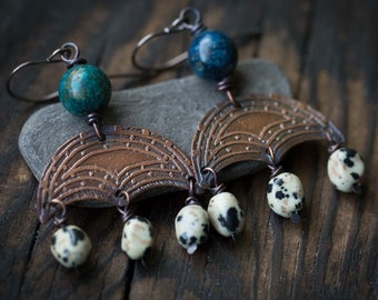 Moon earrings Lunula earrings Pagan jewelry Celestial jewelry Unique witch earrings Dalmatian jasper and chrysocolla earrings Stone earrings