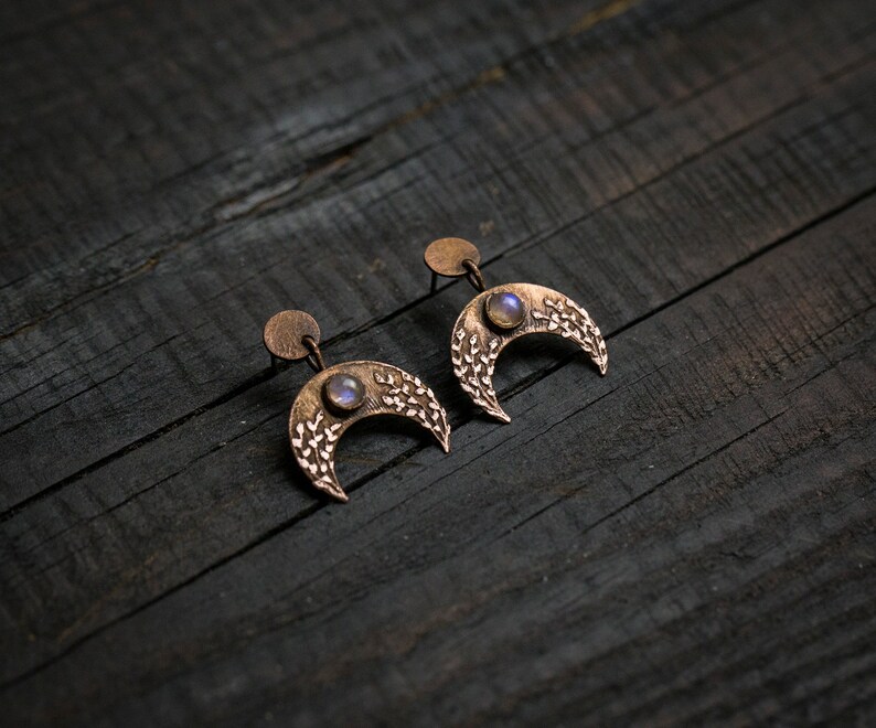 Handmade crescent moon earrings Bohemian earrings Moonstone earrings Artisan moon earrings Crescent earrings