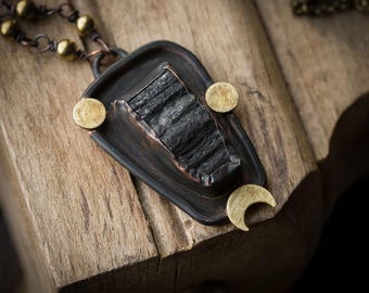 Oxidized Copper Tourmaline Necklace: Celestial Moon Witch Jewelry