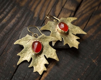 Golden Brass Maple Leaf Earrings: Carnelian Autumn Jewelry