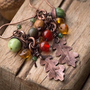 Copper oak and acorn leaf earrings; Natural stones autumn jewelry; Amber Tourmaline Carnelian Nephrite Jasper
