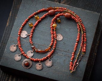 Layered handmade orange necklace made of copper, stones and beads; Boho artisan unique jewelry