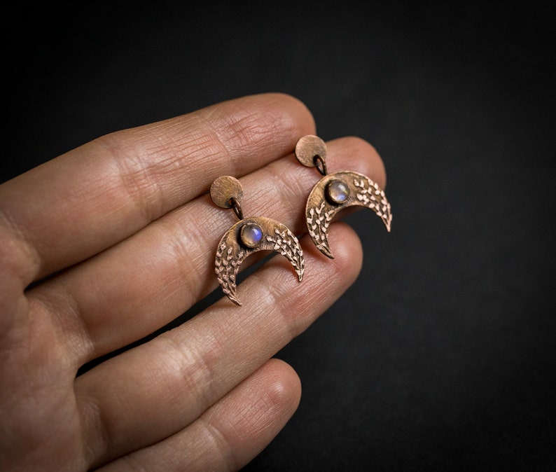 Handmade crescent moon earrings Bohemian earrings Moonstone earrings Artisan moon earrings Crescent earrings