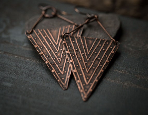 Copper earrings Statement earrings Earthy jewelry Unique earrings Handmade jewelry Triangle tribal earrings Dangle earrings