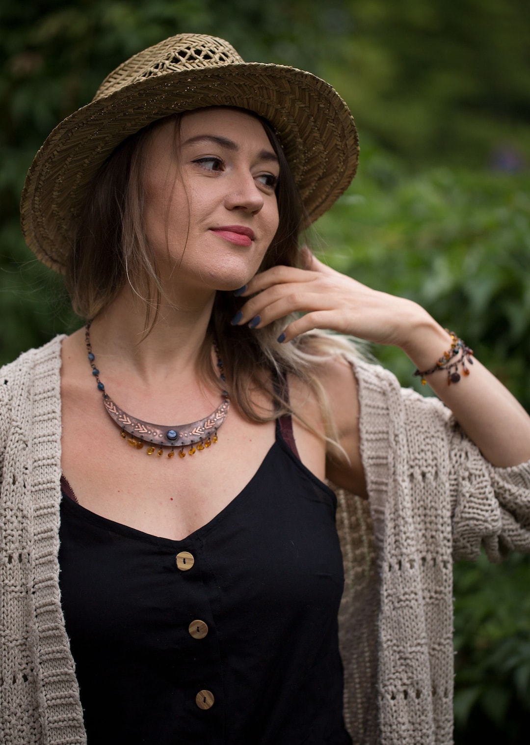 Boho Necklace Copper Necklace Genuine Amber Jewelry Blue Kyanite Tribal Necklace Hippie Necklace