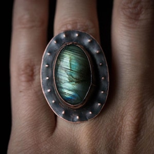 Adjustable Copper Light green labradorite Ring: Earthy Artisan Jewelry