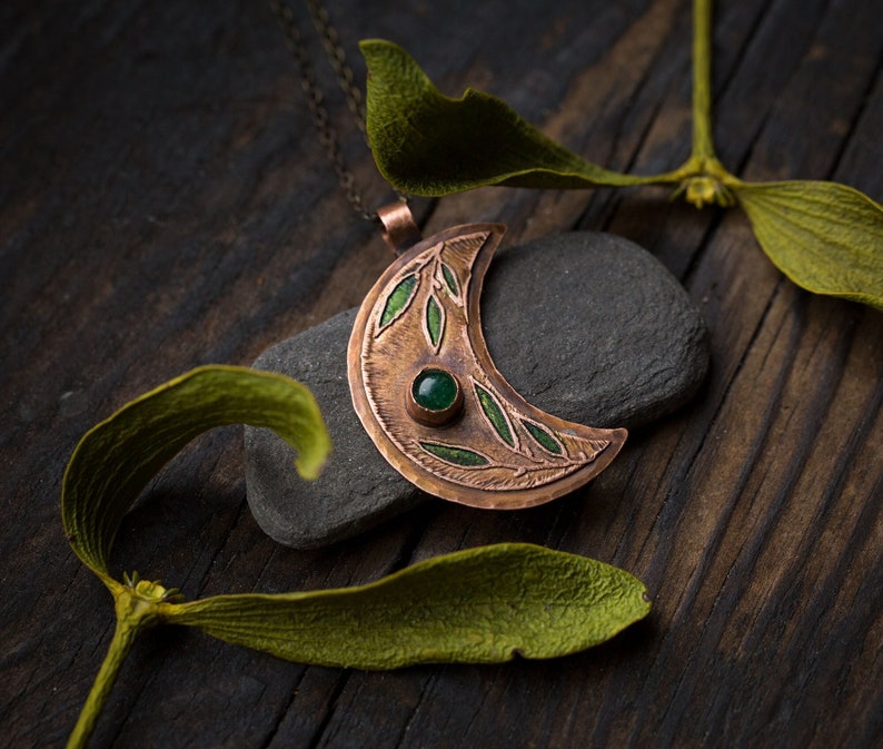 handmade copper moon necklace with green aventurine and green leaves painting