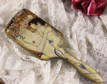 Haarbürste aus Holz. Personalisiert. Klimt. Mutter. Bio Bambus, Decoupage Oval, Flügel, Kamm