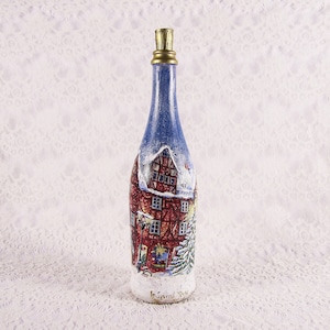 Christmas Decorative bottle, Christmas Decorations, Decoupage Bottle. Handmade. Decorated Bottle. Mediterranean kitchen decor. Home decor