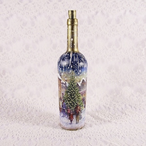 Christmas Decorative bottle, Christmas Decorations, Decoupage Bottle. Handmade. Decorated Bottle. Mediterranean kitchen decor. Home decor
