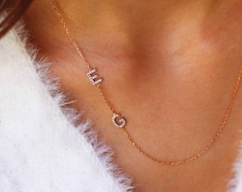 Sideways Initial Necklace , Sideways Necklace , Letter Necklace , Pave Initial Necklace , Gold Name Necklace ,  Initial Necklace