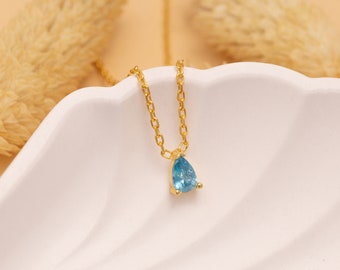 14K Gold Aquamarine Teardrop Necklace, Natural Aquamarine Gold Necklace, Aquamarine Pendant, March Birthstone Necklace, Simple Gem Necklace