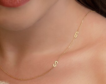 14k solid gold initial necklace, Initial Necklace, Personalized Jewelry, Personalized Necklace, Sideways Necklace, Gift for Mom