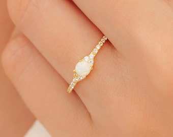 Dainty Opal Ring, White Opal Silver Ring, Gold Opal Ring, Delicate Opal Ring, Opal Stacking Ring, Bridesmaid Gift, Silver Opal Ring, Gift