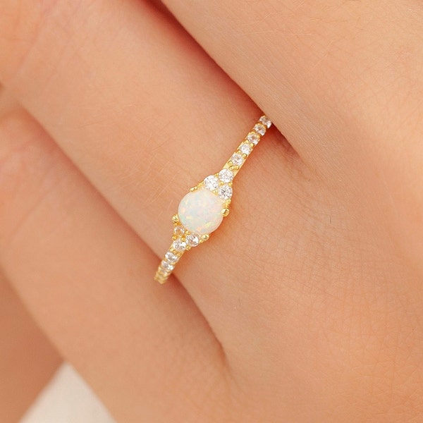 Dainty Opal Ring, White Opal Silver Ring, Gold Opal Ring, Delicate Opal Ring, Opal Stacking Ring, Bridesmaid Gift, Silver Opal Ring, Gift