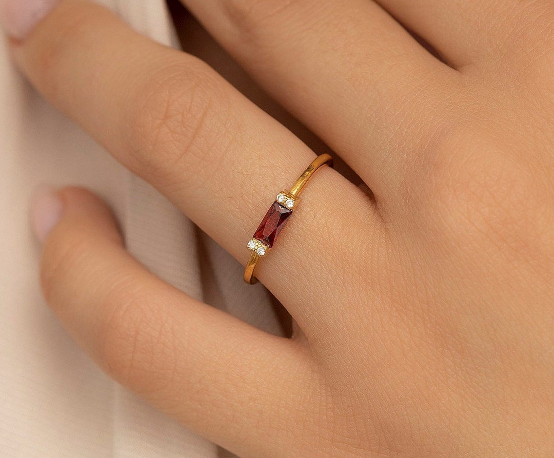 Ruby Dainty Baguette Stacking Ring, Simple Ruby Ring, Thin Ring, Gold ...