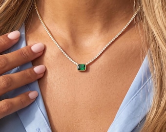Baguette Emerald Tennis Necklace , May Birthstone Necklace ,  Tennis Choker Necklace with Birth Stone , Silver Emerald Necklace
