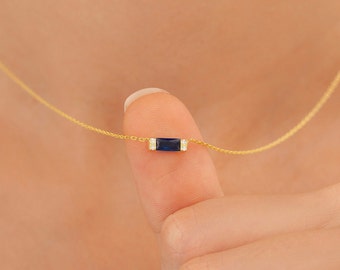 Baguette Necklace, Dainty Necklace, Sapphire Silver Necklace, Minimalist Jewelry, Baguette Jewelry, Anniversary Gift, Sapphire Necklace