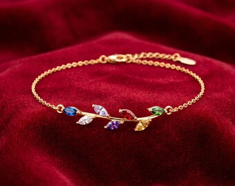 Custom Birthstone Bracelet , Leaf Birthstone Bracelet , Family Birthstone Bracelet , Sterling Silver 925 Birthstone Bracelet