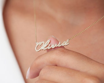 14k Solid Gold Name Necklace, Gold Diamond Name Necklace, Personalized Gift, Gift for Her, Name Necklace, Diamond Letter, Mothers Day Gift