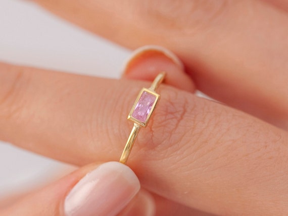 Rose Quartz Dainty Baguette Stacking Ring Simple Rose Quartz Ring