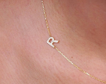 Pave Initial Necklace, Sideway Necklace, Initial Necklace, Gift for Her, Dainty Necklace, CZ Initial Necklace, Christmas Gift, Hallowen, YT