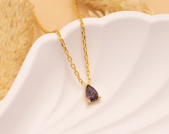 14K Gold Amethyst Teardrop Necklace, Amethyst Gold Necklace, Amethyst Pendant, February Birthstone Necklace, Simple Gem Necklace, Gift