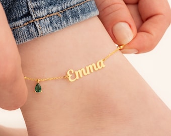 14k Solid Gold Name Anklet, Personalized Name Anklet, Custom Anklet, Anklet Bracelet with Name, Gold Anklet Name, Anklet with Birthstone