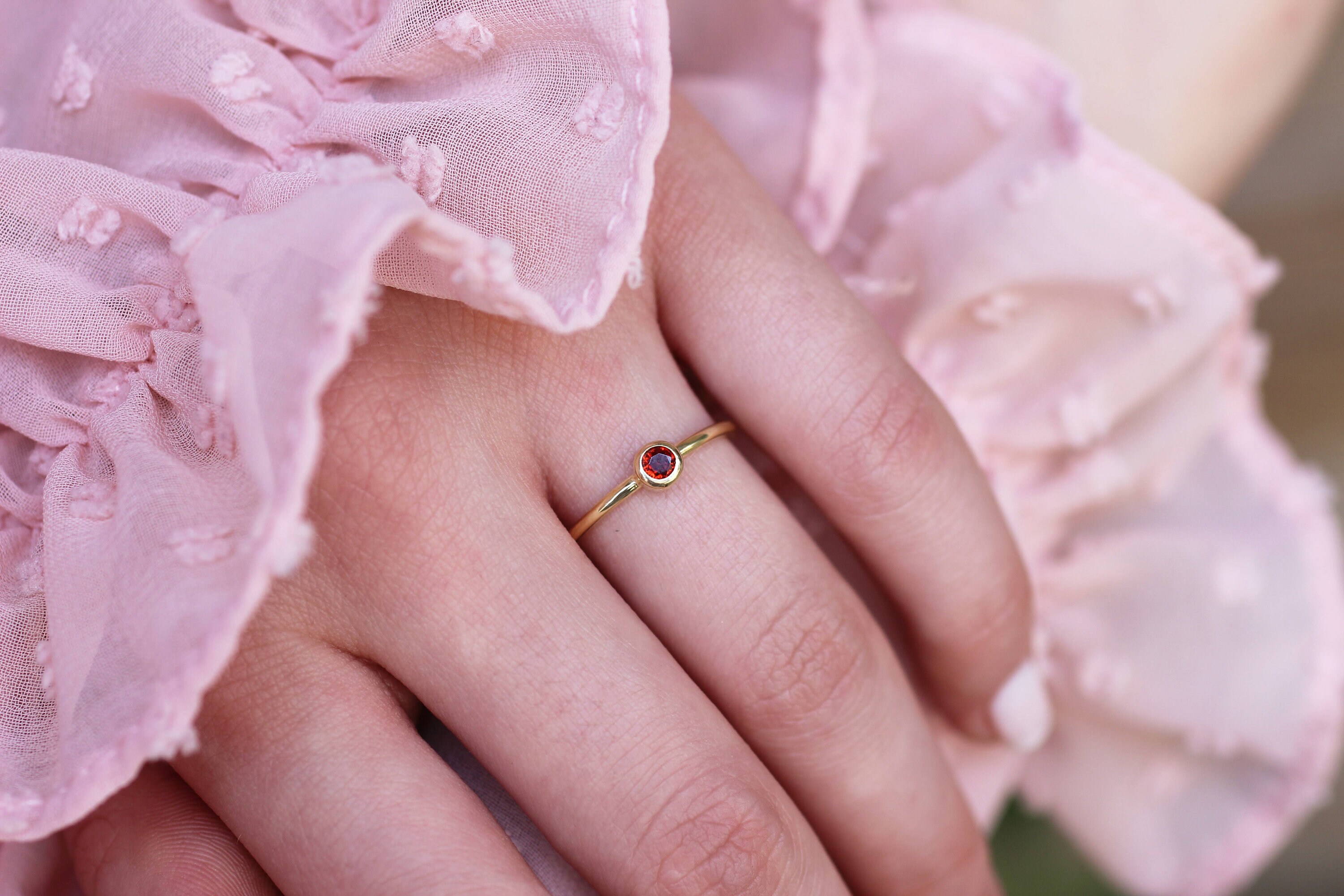 14K Solid Gold Birthstone Ring Thin Birthstone Ring Stacking Etsy