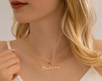 14k Solid Gold Name Necklace, Birthstone Necklace for Women, Personalized Jewelry, Gold Name Necklace, Gold Layered Necklace, Gift for Wife