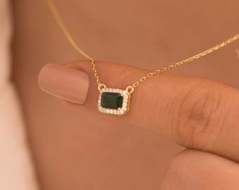 Collar de esmeralda, collar de esmeralda baguette, collar de cadena, collar con piedra de nacimiento de mayo, collar de esmeralda de oro, collar con piedra de nacimiento