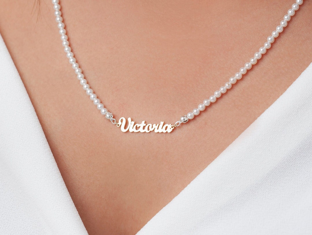 Pearl Name Necklace Natural Freshwater Pearl Necklace Name Etsy